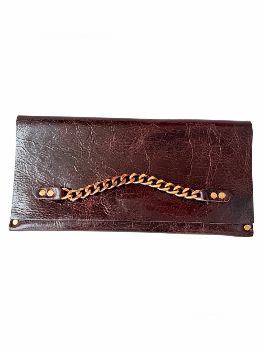 Moss Mills Dark Brown Textured Leather Clutch With Gold Chain Detail